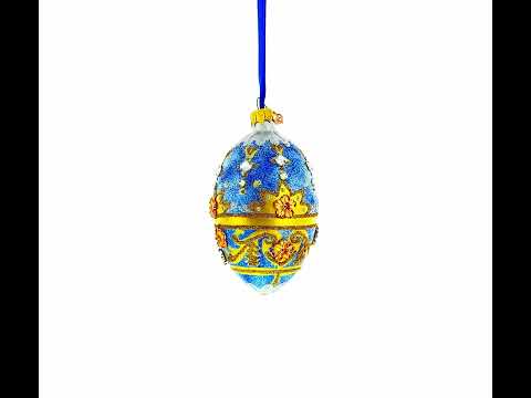 Golden Flowers on Speckled Blue Glass Egg Christmas Ornament 4 Inches