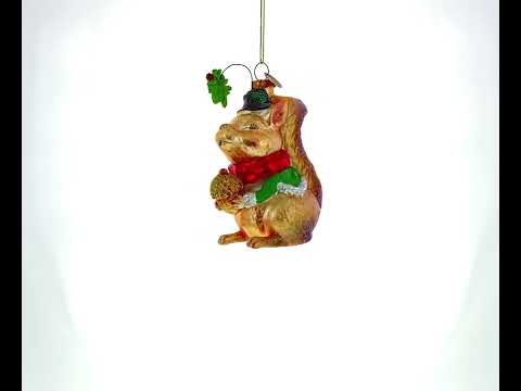 Squirrel Cradling an Acorn Blown Glass Christmas Ornament