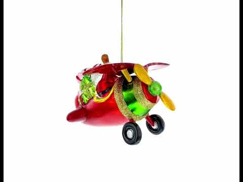 Pilot Santa Flying Airplane Blown Glass Christmas Ornament