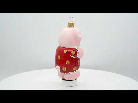 Pig Wearing Red Dress Mini Glass Christmas Ornament