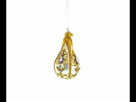 Multicolored Jewels on Golden Swirls Waterdrop Finial Glass Ornament