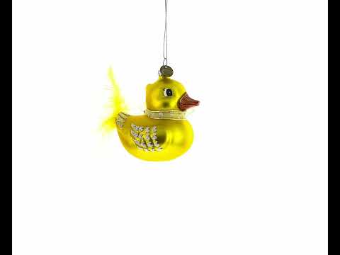 Pato amarillo adornado con lazo de tela - Adorno navideño de vidrio soplado brillante