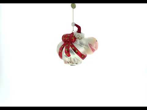 Hippo in Santa Hat Blown Glass Christmas Ornament