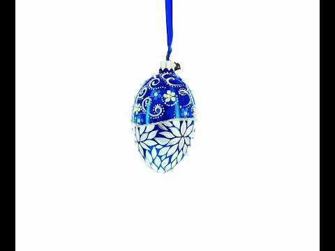 White Pearled Flowers on Glossy Blue Glass Egg Ornament 4 Inches