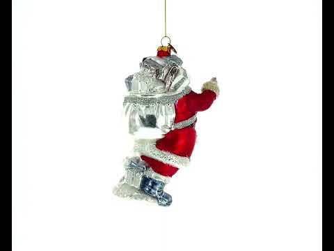 Jolly Santa Ringing a Golden Bell Glass Christmas Ornament