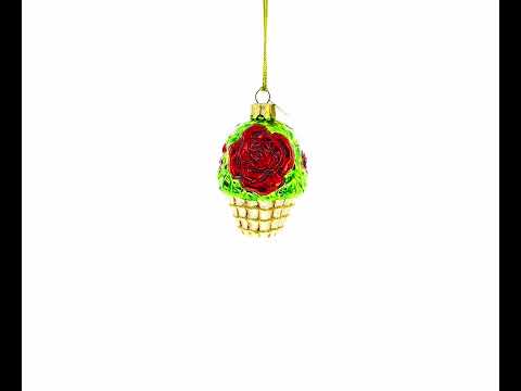 Red Flowers in White Basket Mini Glass Christmas Ornament