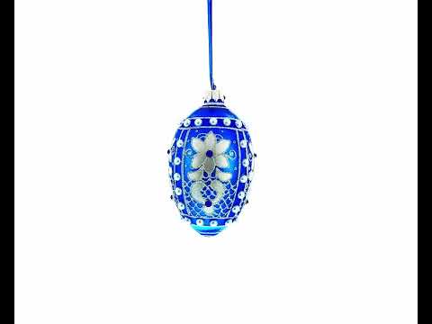 Pearls on Blue Glass Egg Ornament 4 Inches