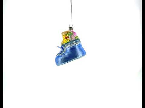 Teddy Bear Nestled in a Blue Shoe for Baby's First Glass Christmas Ornament