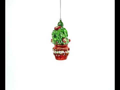 Festively Decorated Cactus in a Pot Glass Christmas Ornament