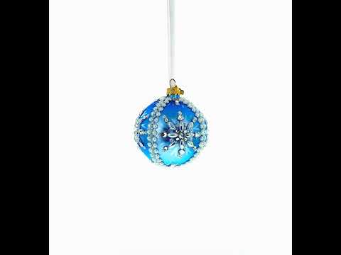 Blue and Pearl Jewel-Embellished Glass Ball Ornament 3.25 Inches