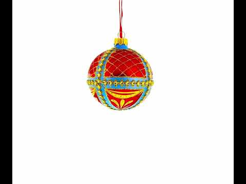 Trellis on Blue and Red Blown Glass Ball Christmas Ornament 3.25 Inches