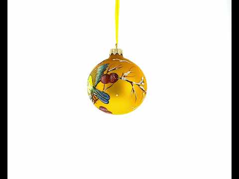 Cheerful Yellow and Blue Birds Perched on Branch Blown Glass Ball Christmas Ornament 3.25 Inches