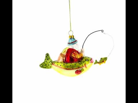 Santa Fishing on Boat Blown Glass Christmas Ornament