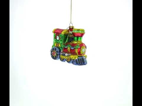 Playful Penguins Riding Train Blown Glass Christmas Ornament