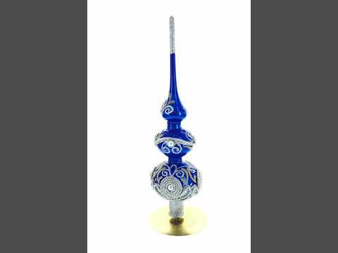 Dimensional Pearls and Twisted Rope on Double Ball Blue Blown Glass Christmas Tree Topper 12.5 Inches