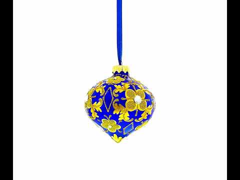 Jeweled Golden Leaves on Blue Pointed Teardrop Finial Glass Christmas Ornament