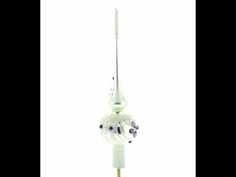 Dimensional Purple Jewel Stars and Pearls on White Mouth Blown Glass Christmas Tree Topper 11 Inches