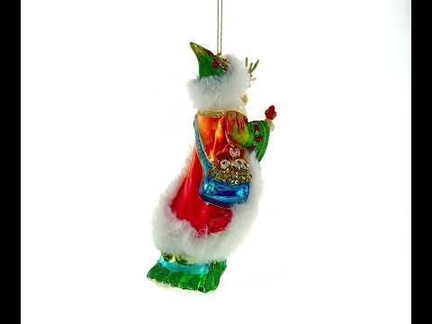 Whimsical Santa in Green Holding Birds Blown Glass Christmas Ornament