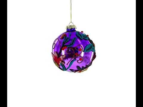 Embroidered Flowers on Purple Blown Glass Ball Christmas Ornament