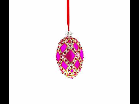 Bejeweled Trellis on Pink Glass Egg Christmas Ornament 4 Inches