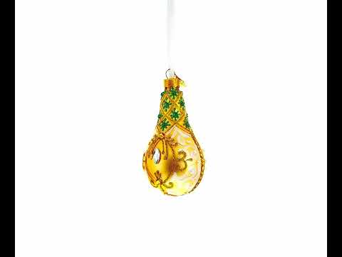 Swirls on Champagne Bejeweled Glass Waterdrop Ornament