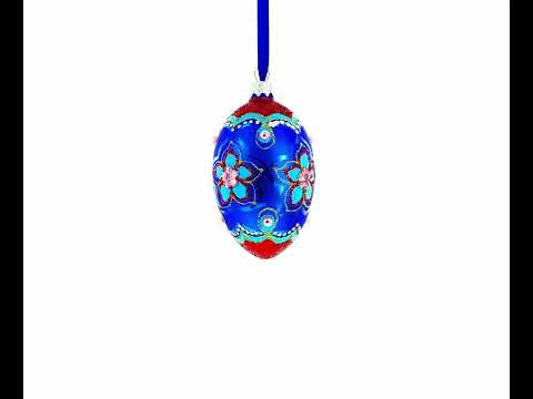 Blue Petals Flower Glass Egg Ornament 4 Inches