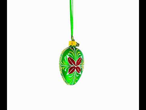 Emerald Green with Red and Gold Floral Mini Glass Egg Ornament 2.9 Inches