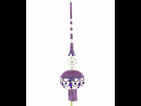 Dimensional Jeweled Purple Chandelier on White Blown Glass Christmas Tree Topper 11 Inches