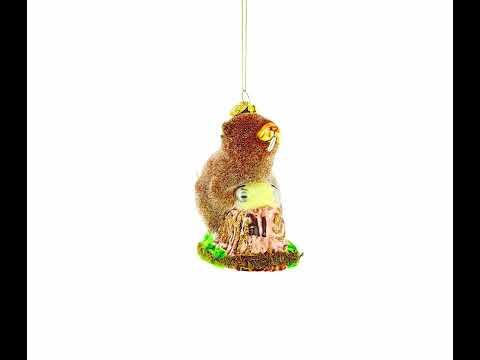 Industrious Beaver Holding a Log - Blown Glass Christmas Ornament