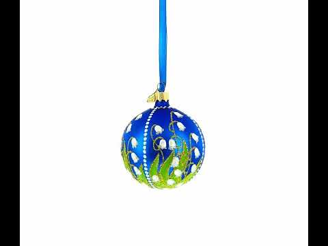 Delicate Lilies of the Valley on Blue Glass Ball Christmas Ornament 3.25 Inches