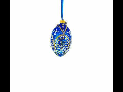 Royal Blue and Gold Festive Design Glass Egg Ornament 4 Inches