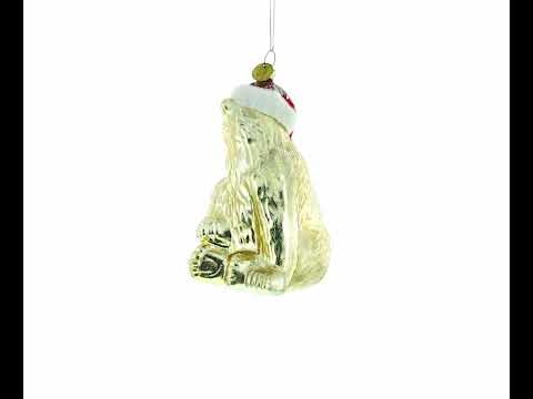 Polar Bear in Santa Hat Glass Christmas Ornament