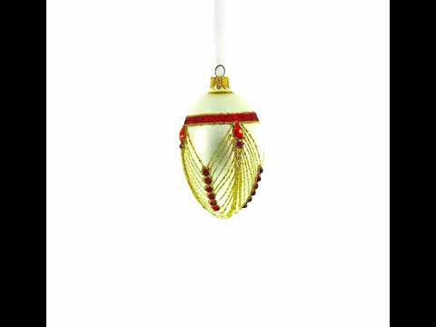 Red Jewels Eccentrics on White Glass Egg Ornament 4 Inches