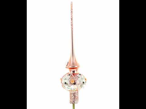 Dimensional Pink Flowers on Rose Gold Mouth Blown Glass Christmas Tree Topper 11 Inches