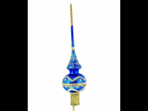 White Dial Clock on Blue and Gold Blown Glass Christmas Tree Topper 11 Inches