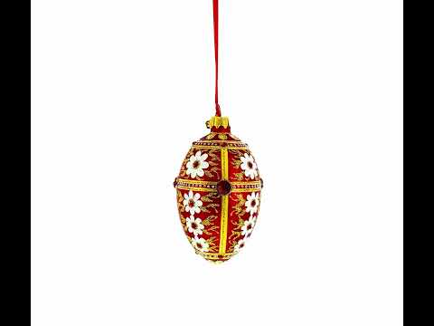 White Flowers on Red and Gold Glass Egg Ornament 4 Inches