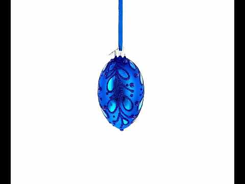 Bejeweled Scroll on Blue Glass Egg Christmas Ornament 4 Inches