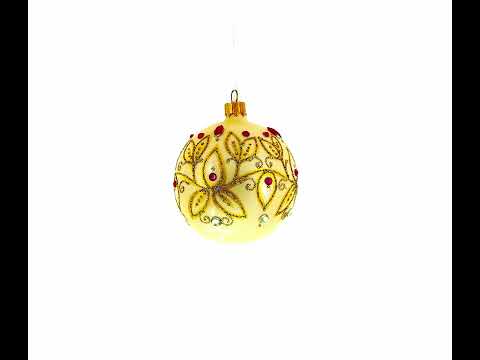 Gilded Golden Leaves Blown Glass Ball Christmas Ornament 3.25 Inches