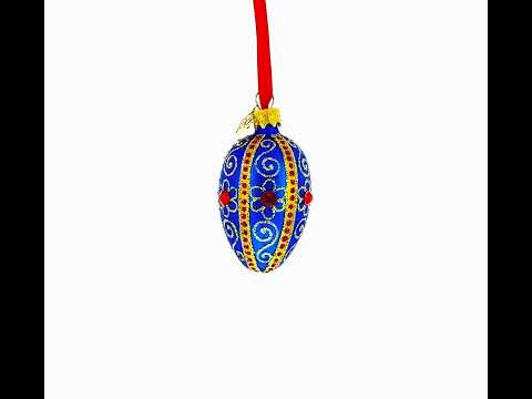 Royal Blue with Gold and Red Gem Accents Mini Glass Egg Ornament 2.9 Inches