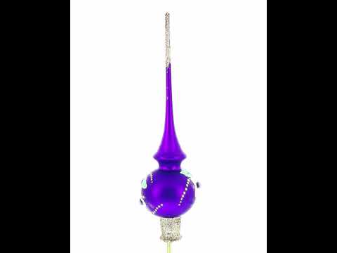 Dimensional Roses on Purple Mouth Blown Glass Christmas Tree Topper 11 Inches