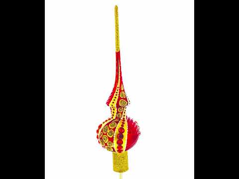 Dimensional Red Jewels on Golden Spirals Mouth Blown Glass Christmas Tree Topper 11 Inches