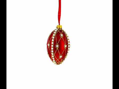 White Pearl Trellis On Red Glass Egg Christmas Ornament 4 Inches