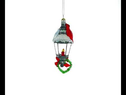 Red Cardinal Perched on Snow-Capped Lantern - Blown Glass Christmas Ornament