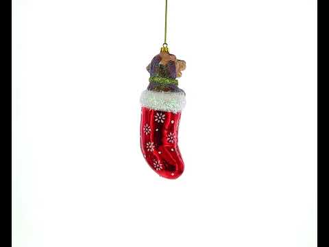 Puppy Nestled in Red Christmas Stocking Blown Glass Christmas Ornament