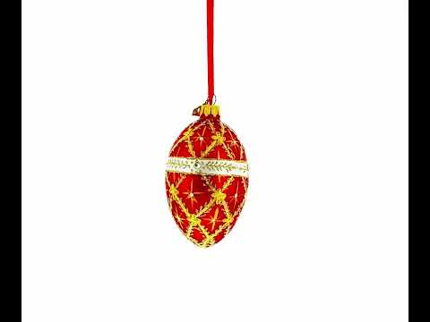 Diamond Trellis on Red Glass Egg Christmas Ornament 4 Inches