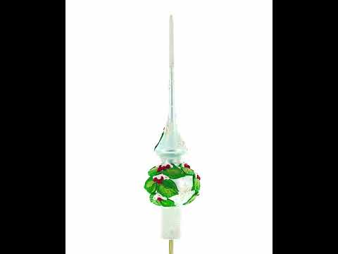 Dimensional Red Berries with Leaves on White Blown Glass Christmas Tree Topper 11 Inches