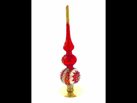 Embossed Clock on Glittered Double Ball Red Glass Christmas Tree Topper 12.5 Inches