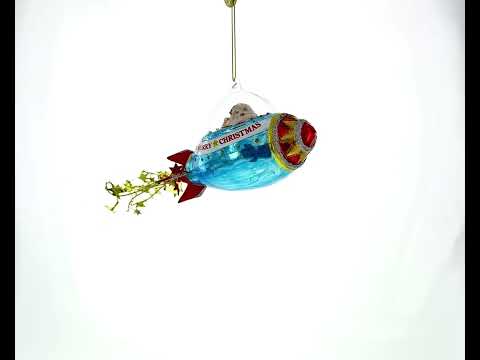 Cosmic Santa Riding Spaceship Blown Glass Christmas Ornament