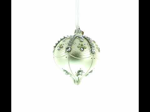 White Jewels on Silver Teardrop Shape Glass Ornament