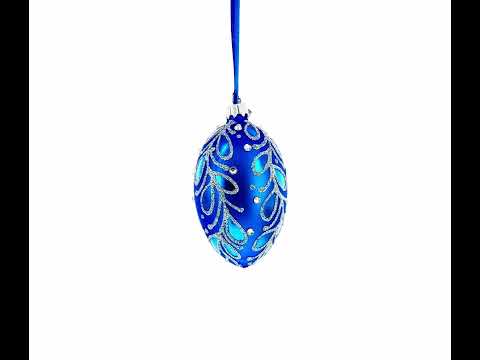 Blue Paisley Glass Egg Christmas Ornament 4 Inches